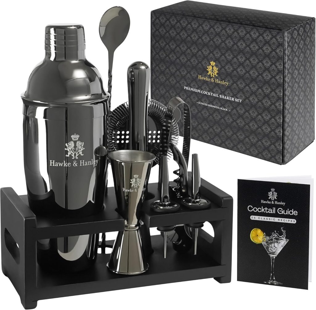 Hawke  Hanley Mixology Bartender Kit: Cocktail Shaker Bar Set with a Martini Shaker, Bar Tools and Black Bamboo Stand | Bartending Kit with Recipe Book | Unique Housewarming Gift (Black)