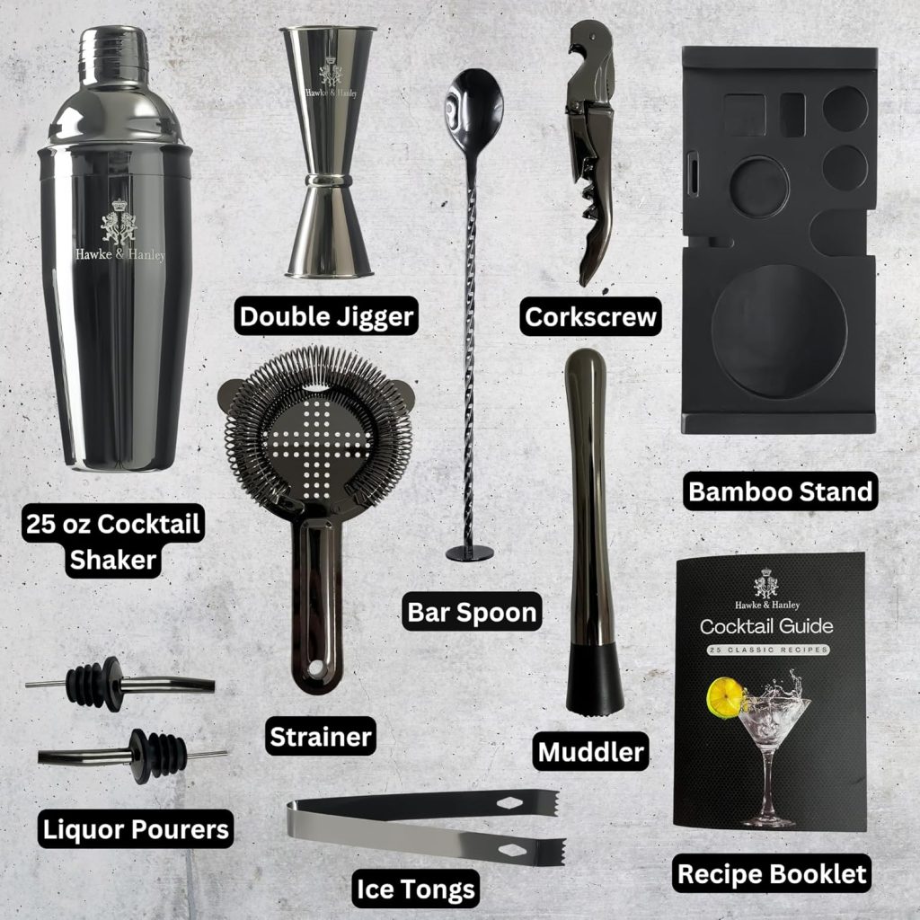 Hawke  Hanley Mixology Bartender Kit: Cocktail Shaker Bar Set with a Martini Shaker, Bar Tools and Black Bamboo Stand | Bartending Kit with Recipe Book | Unique Housewarming Gift (Black)