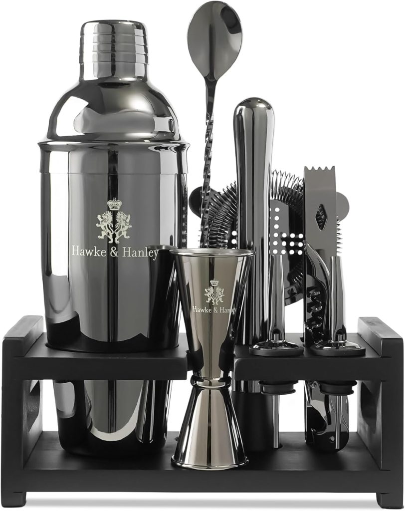 Hawke  Hanley Mixology Bartender Kit: Cocktail Shaker Bar Set with a Martini Shaker, Bar Tools and Black Bamboo Stand | Bartending Kit with Recipe Book | Unique Housewarming Gift (Black)