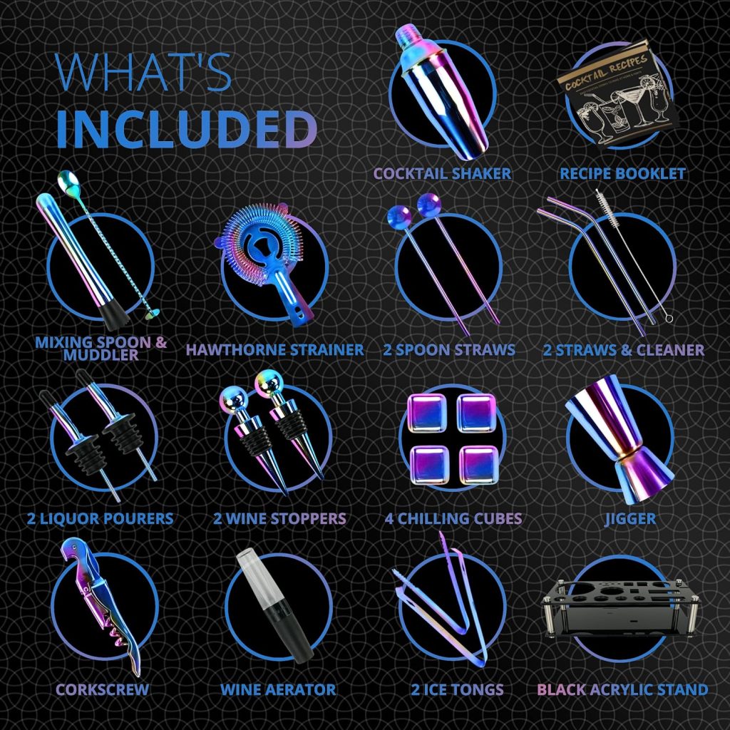 Mixology Bartender Kit – 24 Piece Gold Cocktail Shaker Set w/Stand – Essential Home Bar Accessories Martini Shaker, Jigger, Muddler, Chilling Cubes  More