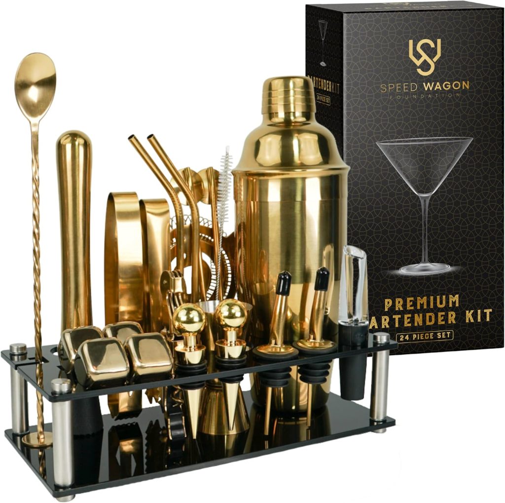 Mixology Bartender Kit – 24 Piece Gold Cocktail Shaker Set w/Stand – Essential Home Bar Accessories Martini Shaker, Jigger, Muddler, Chilling Cubes  More
