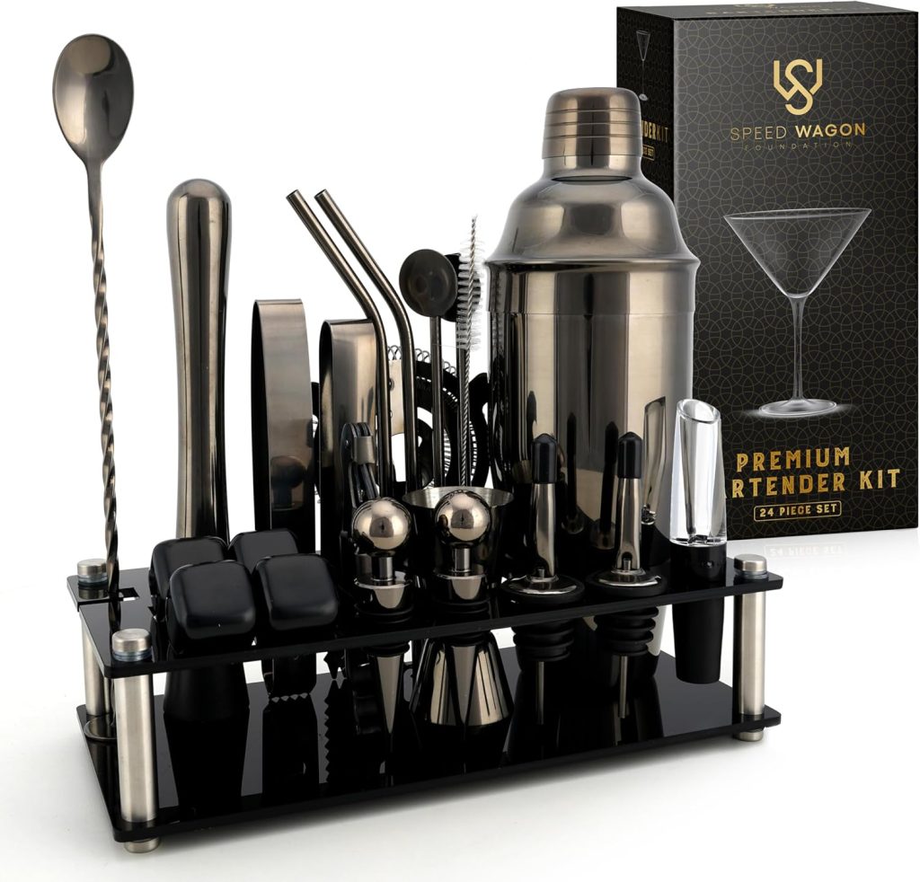 Mixology Bartender Kit – 24 Piece Gold Cocktail Shaker Set w/Stand – Essential Home Bar Accessories Martini Shaker, Jigger, Muddler, Chilling Cubes  More