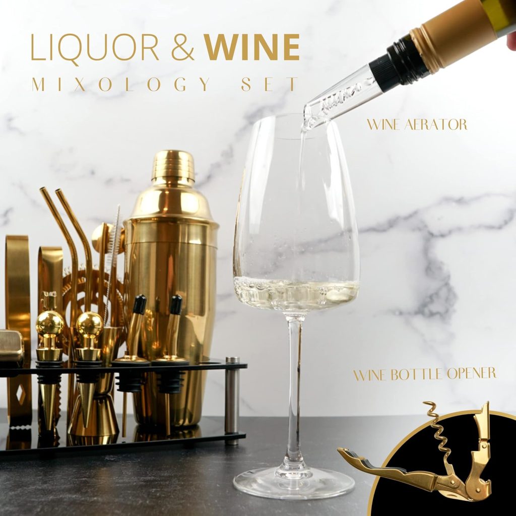 Mixology Bartender Kit – 24 Piece Gold Cocktail Shaker Set w/Stand – Essential Home Bar Accessories Martini Shaker, Jigger, Muddler, Chilling Cubes  More