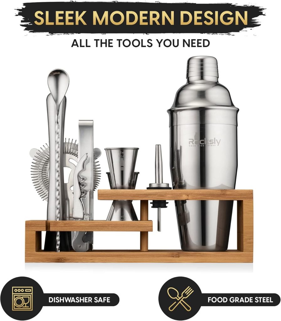 Mixology Bartender Kit and Cocktail Shaker Set for Drink Mixing | Mixology Set with 10 Bar Set Tools and Bamboo Stand Makes It The Perfect Home Cocktail Kit | Complete Bartender Kit (Silver)