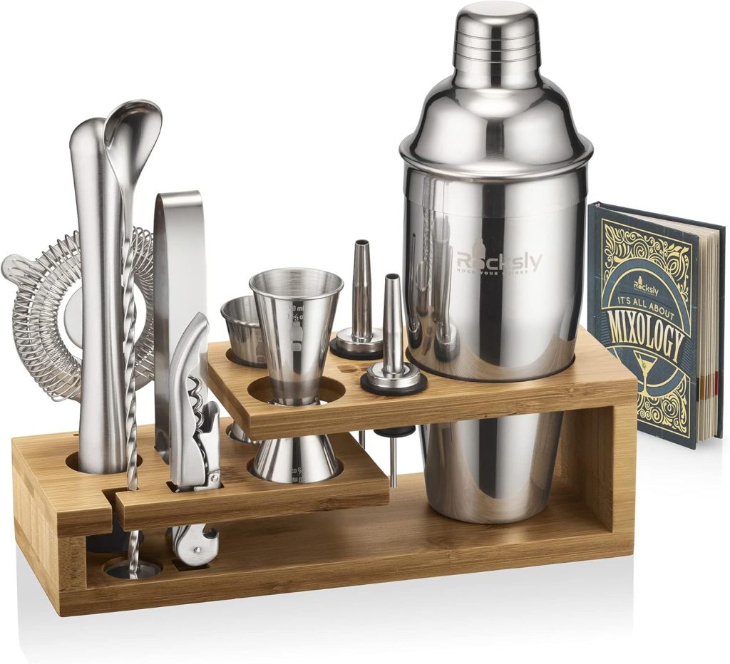 Mixology Bartender Kit and Cocktail Shaker Set for Drink Mixing | Mixology Set with 10 Bar Set Tools and Bamboo Stand Makes It The Perfect Home Cocktail Kit | Complete Bartender Kit (Silver)