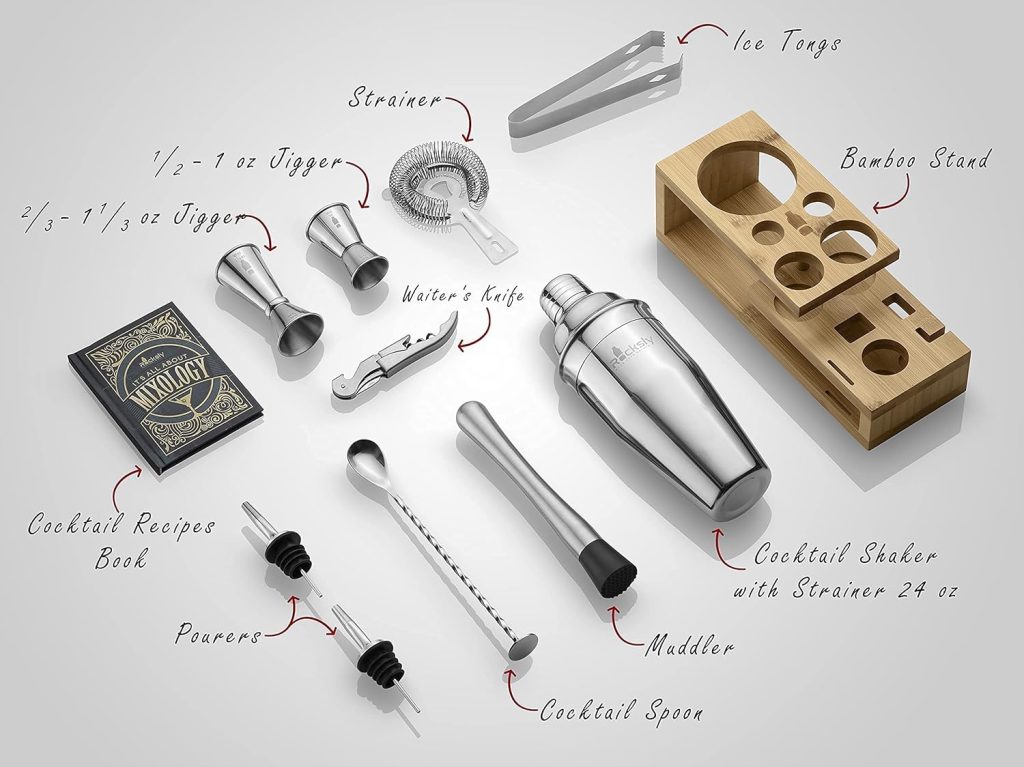 Mixology Bartender Kit and Cocktail Shaker Set for Drink Mixing | Mixology Set with 10 Bar Set Tools and Bamboo Stand Makes It The Perfect Home Cocktail Kit | Complete Bartender Kit (Silver)