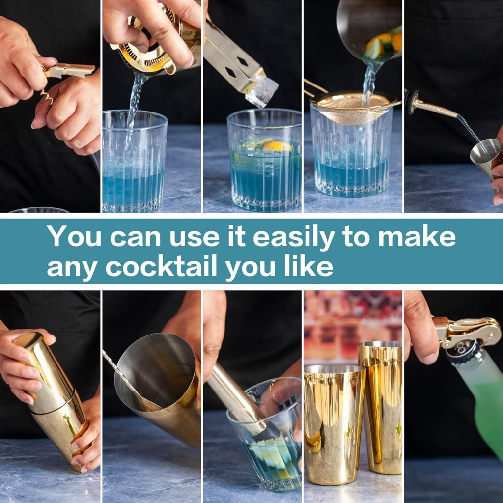 11-Pcs Cocktail Shaker Set Gold,Bartending Kit Stainless Steel Shakers 25oz Bar Kits for Bartender Mixing Set Barware Tool Sets for Professional Bartender and Home