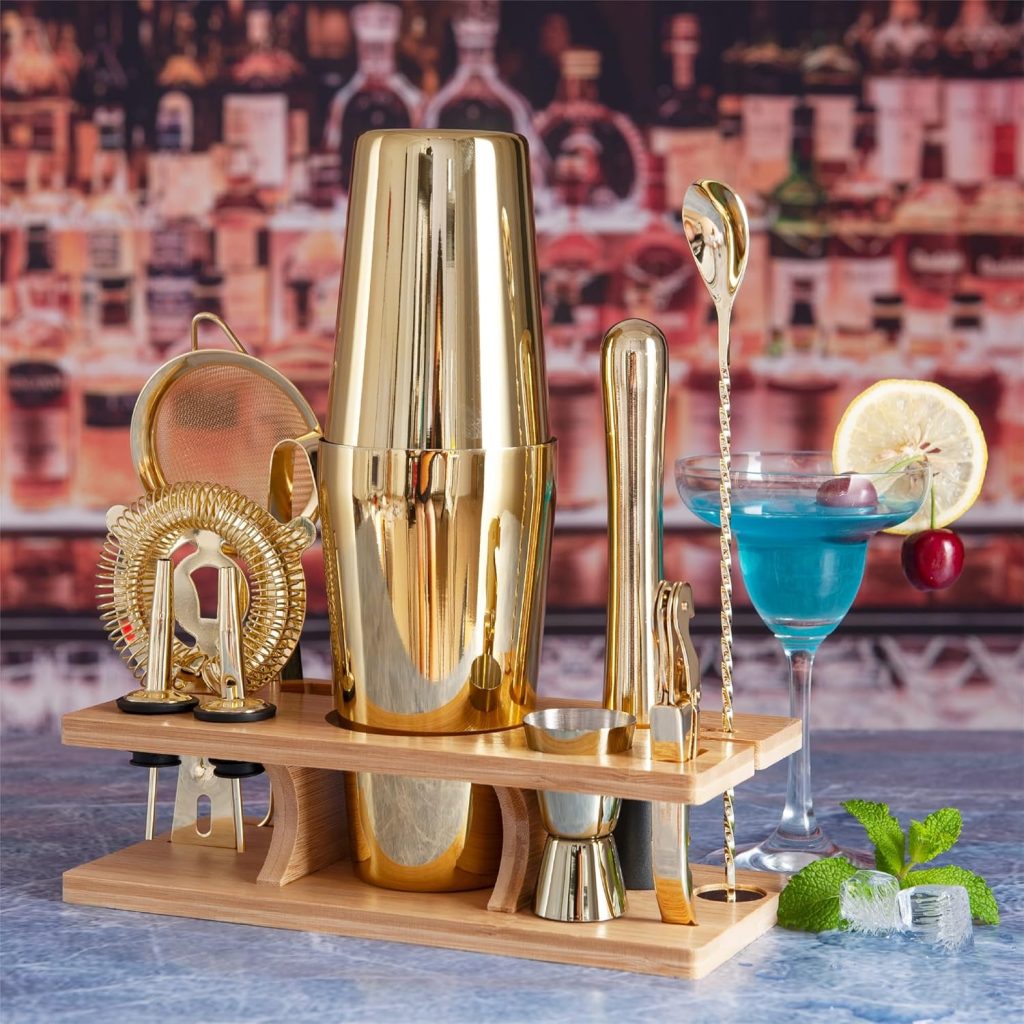 11-Pcs Cocktail Shaker Set Gold,Bartending Kit Stainless Steel Shakers 25oz Bar Kits for Bartender Mixing Set Barware Tool Sets for Professional Bartender and Home