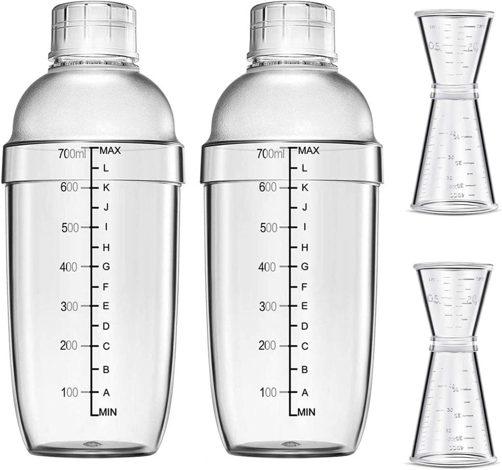 4 pcs Clear Cocktail Shaker Set 2 pcs Plastic bar Shaker with 2 pcs Plastic Cocktail Double Measuring Jigger 4 pcs Clear Cocktail Shaker Set 2 pcs Plastic bar Shaker with 2 pcs Plastic Cocktail Double Measuring Jigger