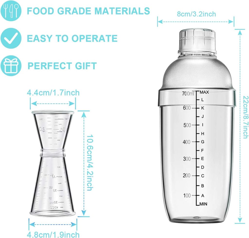 4 pcs Clear Cocktail Shaker Set 2 pcs Plastic bar Shaker with 2 pcs Plastic Cocktail Double Measuring Jigger 4 pcs Clear Cocktail Shaker Set 2 pcs Plastic bar Shaker with 2 pcs Plastic Cocktail Double Measuring Jigger