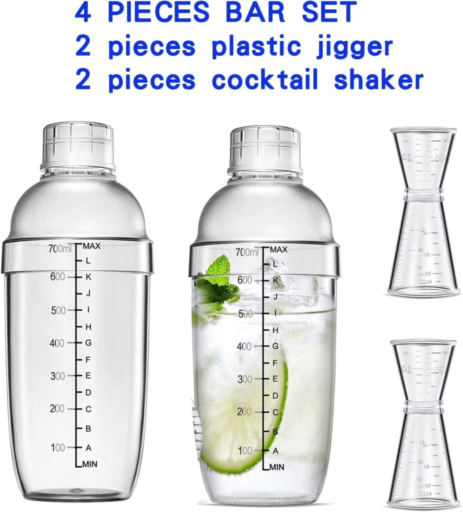 4 pcs Clear Cocktail Shaker Set 2 pcs Plastic bar Shaker with 2 pcs Plastic Cocktail Double Measuring Jigger 4 pcs Clear Cocktail Shaker Set 2 pcs Plastic bar Shaker with 2 pcs Plastic Cocktail Double Measuring Jigger