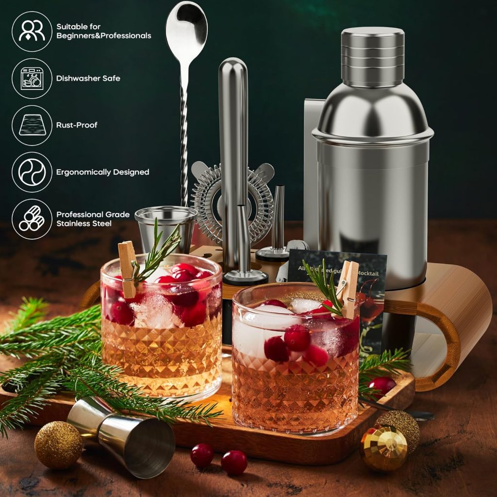 AUFL Cocktail Shaker Set Bartender Kit,11 Piece Bar Tool Set with Bamboo Stand | Bar Set with All Practical Bar Accessories, for Drink Mixing, Bar, Home, Party  Lounge - Polish Silver