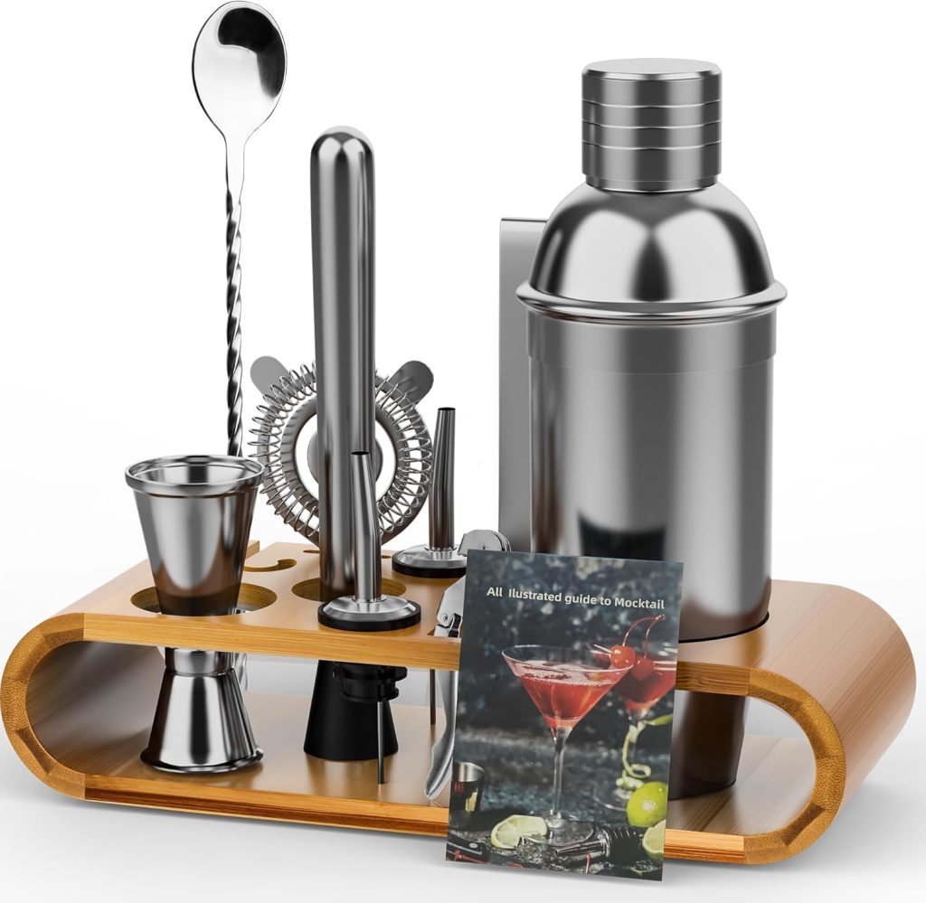 AUFL Cocktail Shaker Set Bartender Kit,11 Piece Bar Tool Set with Bamboo Stand | Bar Set with All Practical Bar Accessories, for Drink Mixing, Bar, Home, Party  Lounge - Polish Silver
