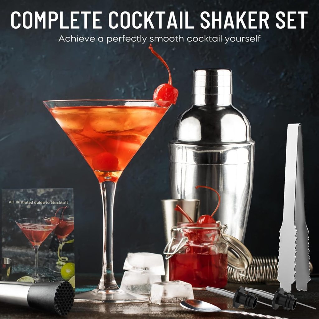 AUFL Cocktail Shaker Set Bartender Kit,11 Piece Bar Tool Set with Bamboo Stand | Bar Set with All Practical Bar Accessories, for Drink Mixing, Bar, Home, Party  Lounge - Polish Silver
