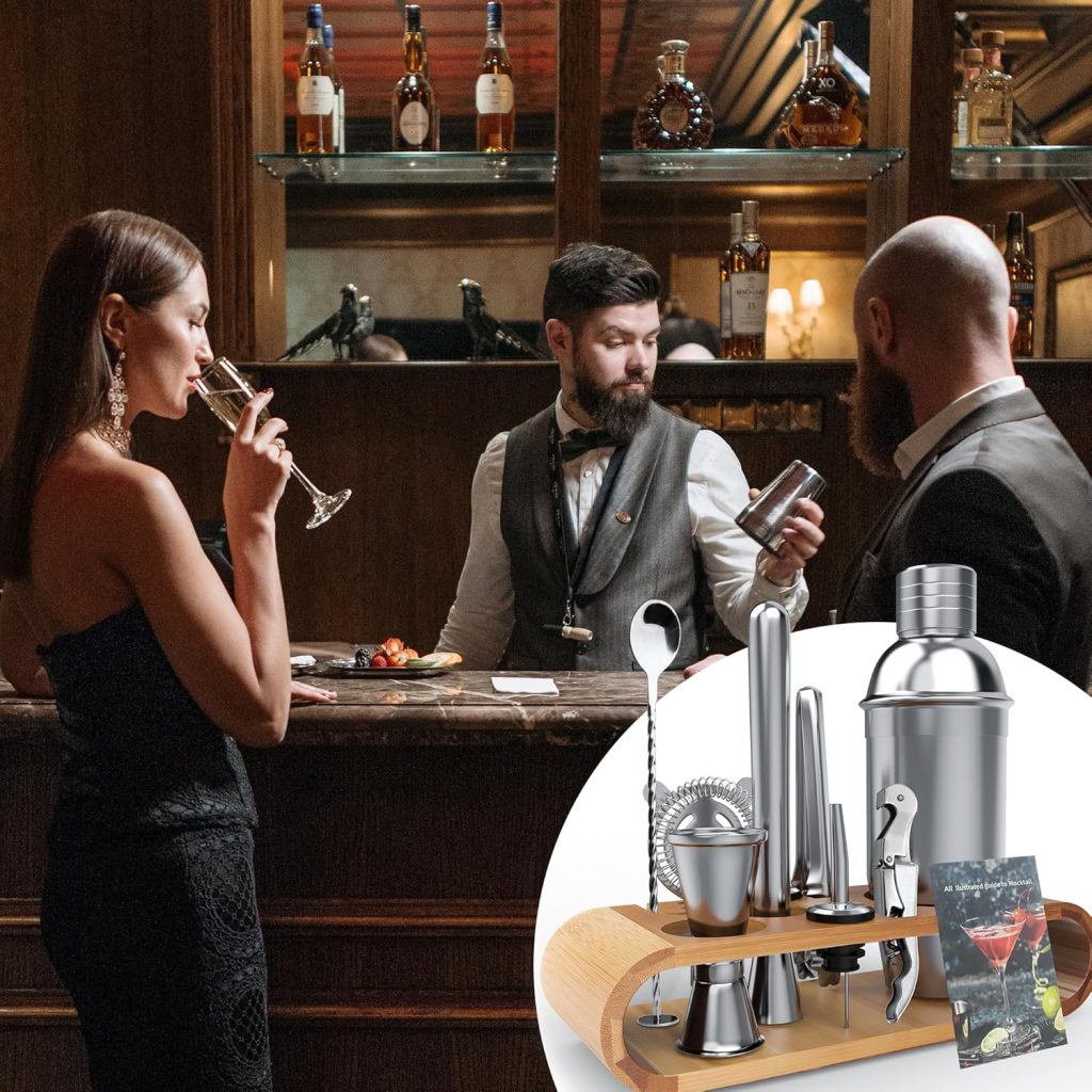 AUFL Cocktail Shaker Set Bartender Kit,11 Piece Bar Tool Set with Bamboo Stand | Bar Set with All Practical Bar Accessories, for Drink Mixing, Bar, Home, Party  Lounge - Polish Silver