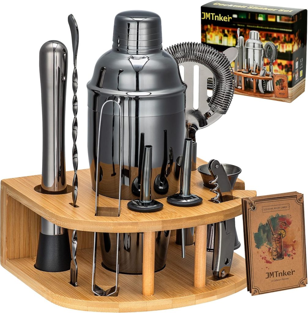 Bartender kit Black with Stand | Beautiful Black Cocktail Shaker Set for Home Bar. Perfect Mixology Bartender Kit Bar Tools Set and Bar Accessories for Amazing Drink Mixing Bartender kit Black with Stand | Beautiful Black Cocktail Shaker Set for Home Bar. Perfect Mixology Bartender Kit Bar Tools Set and Bar Accessories for Amazing Drink Mixing