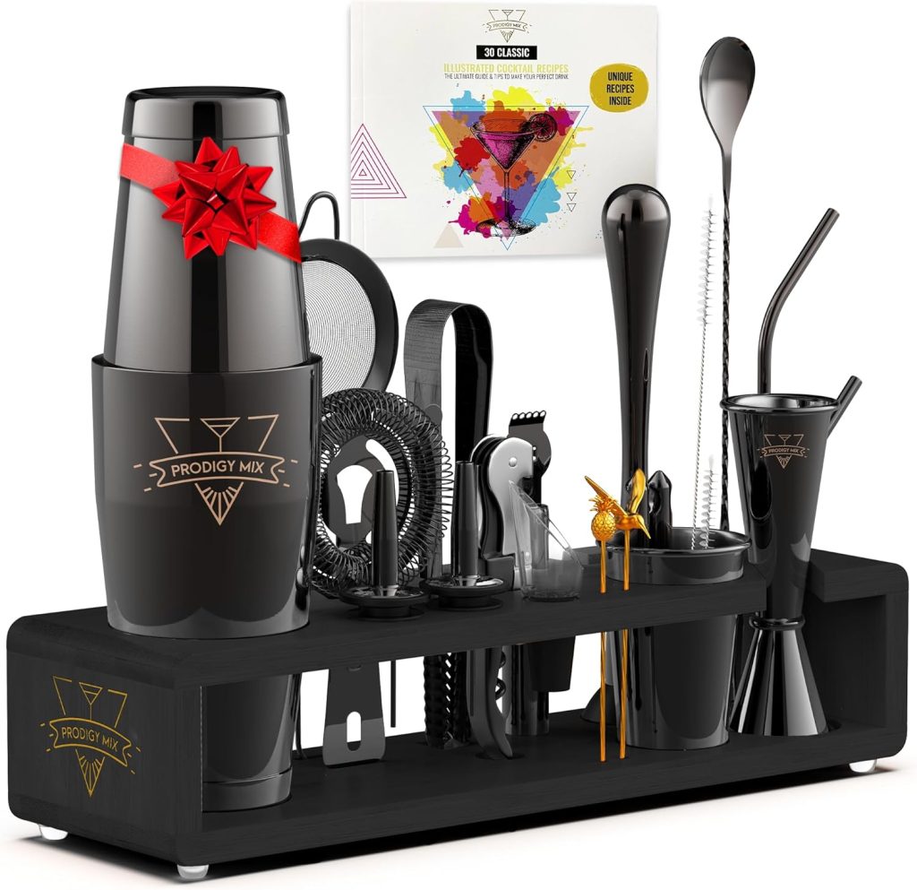 Elite Mixology Bartender Kit 20-Piece Boston Cocktail Shaker Set for Mixing with Stand- Indestructible Bar Accessories Bartending Kit, Cocktail Bar Set, Bartender Set, Bonus Recipe Cards Bar Tools