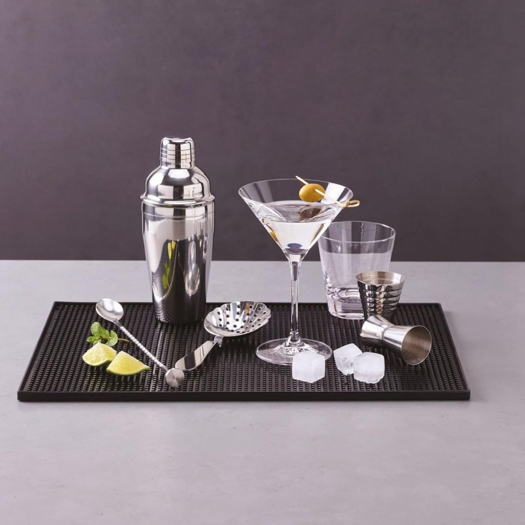 FUNSUEI 5 Pack 12 x 18 Inches PVC Bar Mats, Non Slip Bar Service Mat,Heavy Duty Bar Mat Dish Drying Mat Bartender Countertop Accessories for Cocktails, Coffee, Drink Spills, Black