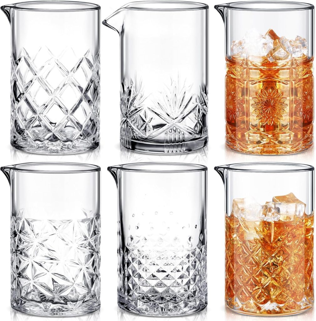 Inbagi 6 Pcs Cocktail Mixing Glass 24 oz Bartender Crystal Stirring Glass Thick Bottom Bar Seamless Mixing Pitcher for Stirring Drinks Home Bar Accessories, 6 Styles