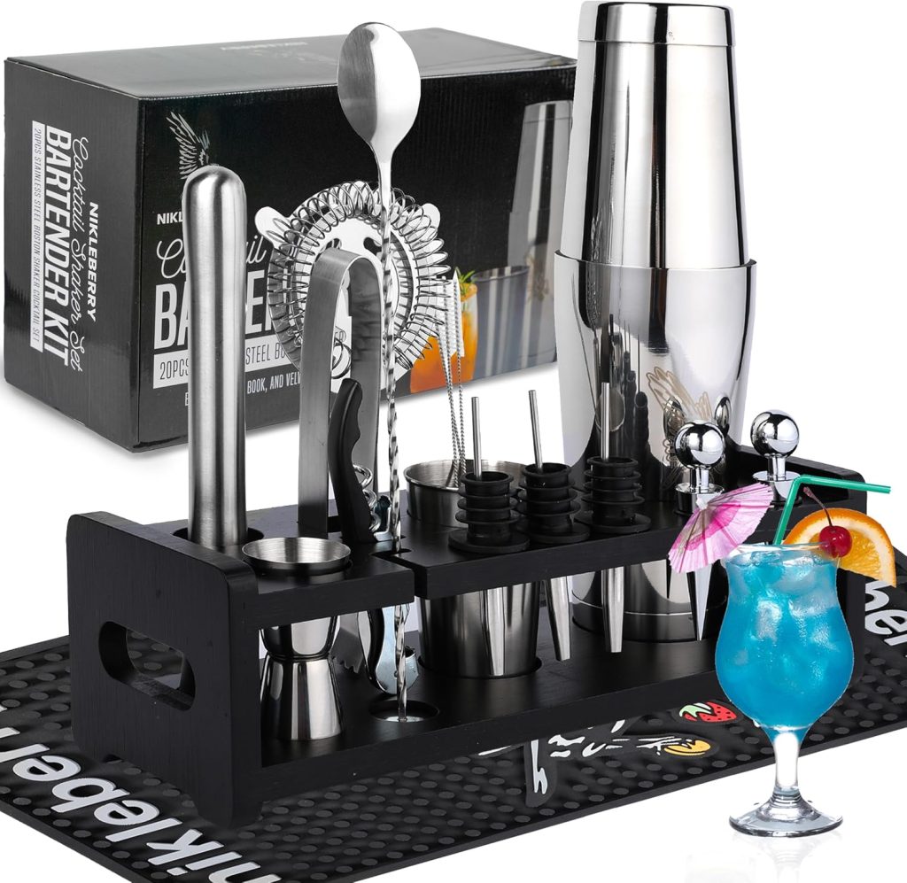 Premium 20 Piece Cocktail Shaker Set with Weighted Boston Shaker and Stand | Bartender Kit with Large Spill Catching Bar Mat - Recipe Book - Velvet Bag - Rustproof | Perfect for Mixology Premium 20 Piece Cocktail Shaker Set with Weighted Boston Shaker and Stand | Bartender Kit with Large Spill Catching Bar Mat - Recipe Book - Velvet Bag - Rustproof | Perfect for Mixology