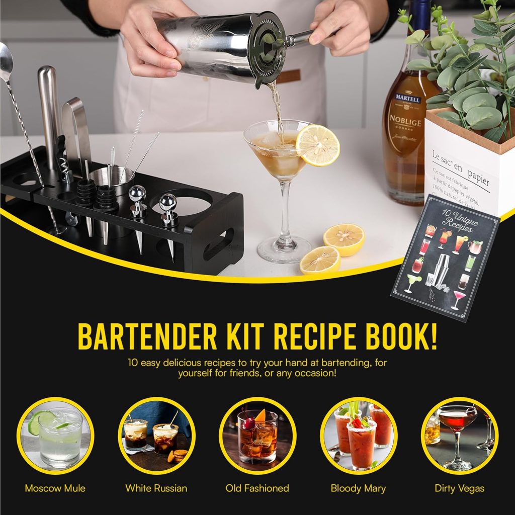 Premium 20 Piece Cocktail Shaker Set with Weighted Boston Shaker and Stand | Bartender Kit with Large Spill Catching Bar Mat - Recipe Book - Velvet Bag - Rustproof | Perfect for Mixology Premium 20 Piece Cocktail Shaker Set with Weighted Boston Shaker and Stand | Bartender Kit with Large Spill Catching Bar Mat - Recipe Book - Velvet Bag - Rustproof | Perfect for Mixology