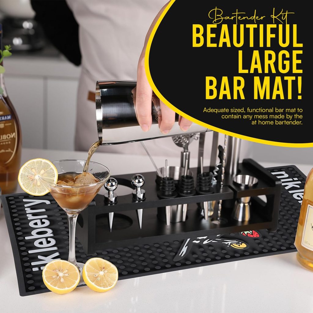 Premium 20 Piece Cocktail Shaker Set with Weighted Boston Shaker and Stand | Bartender Kit with Large Spill Catching Bar Mat - Recipe Book - Velvet Bag - Rustproof | Perfect for Mixology Premium 20 Piece Cocktail Shaker Set with Weighted Boston Shaker and Stand | Bartender Kit with Large Spill Catching Bar Mat - Recipe Book - Velvet Bag - Rustproof | Perfect for Mixology