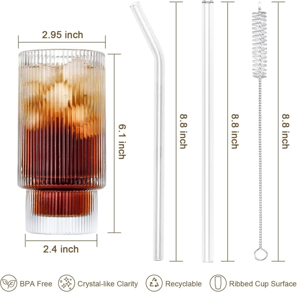 Ribbed Glassware with Straws Vintage Glass Cups 6pcs Set Reusable Wide Mouth Fluted Drinking Glasses 16oz Smoothie Cup Iced Coffee Cup with Clean Brushes for Beer Cocktail Bar Cart Accessories