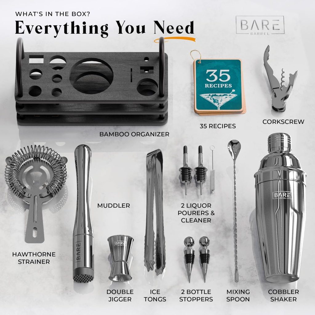 BARE BARREL® Mixology Bartender Kit Bar Set | 14-Piece Cocktail Shaker Set | Martini Barware Mixing Tools for Home Bartending | 35 Recipe Cards | Gift Set (24oz Cobbler Shaker, Slate/Black) BARE BARREL® Mixology Bartender Kit Bar Set | 14-Piece Cocktail Shaker Set | Martini Barware Mixing Tools for Home Bartending | 35 Recipe Cards | Gift Set (24oz Cobbler Shaker, Slate/Black)