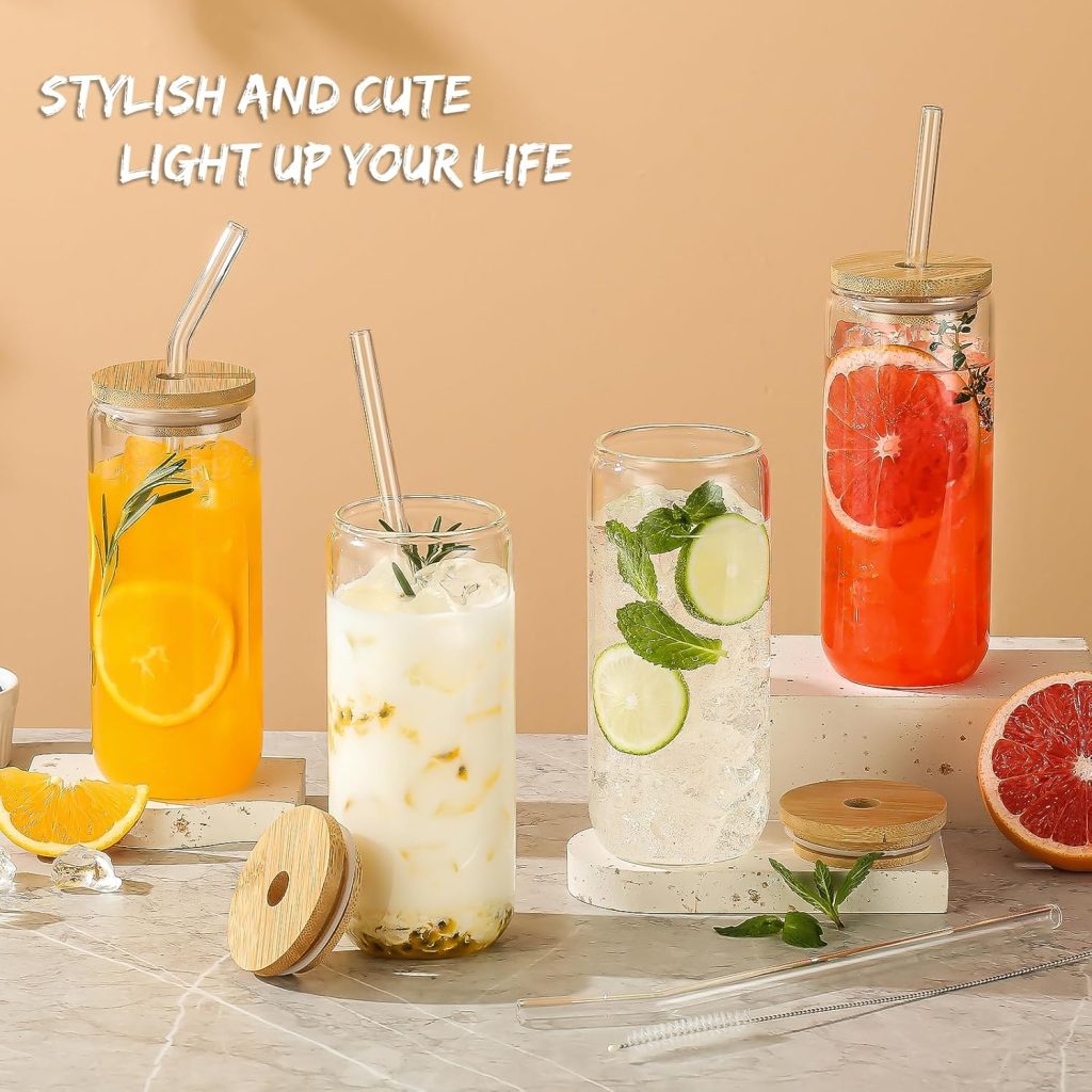 SENTVEND 20 Oz Drinking Glasses with Bamboo Lids and Glass Straw - 8 Pcs Glass Cups Beer Ice Coffee Glasses Cute Aesthetic Cup Great for Coffee Bar Accessories Include 2 Cleaning Brushes SENTVEND 20 Oz Drinking Glasses with Bamboo Lids and Glass Straw - 8 Pcs Glass Cups Beer Ice Coffee Glasses Cute Aesthetic Cup Great for Coffee Bar Accessories Include 2 Cleaning Brushes
