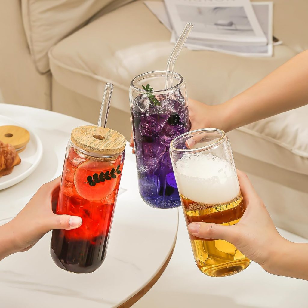 SENTVEND 20 Oz Drinking Glasses with Bamboo Lids and Glass Straw - 8 Pcs Glass Cups Beer Ice Coffee Glasses Cute Aesthetic Cup Great for Coffee Bar Accessories Include 2 Cleaning Brushes SENTVEND 20 Oz Drinking Glasses with Bamboo Lids and Glass Straw - 8 Pcs Glass Cups Beer Ice Coffee Glasses Cute Aesthetic Cup Great for Coffee Bar Accessories Include 2 Cleaning Brushes