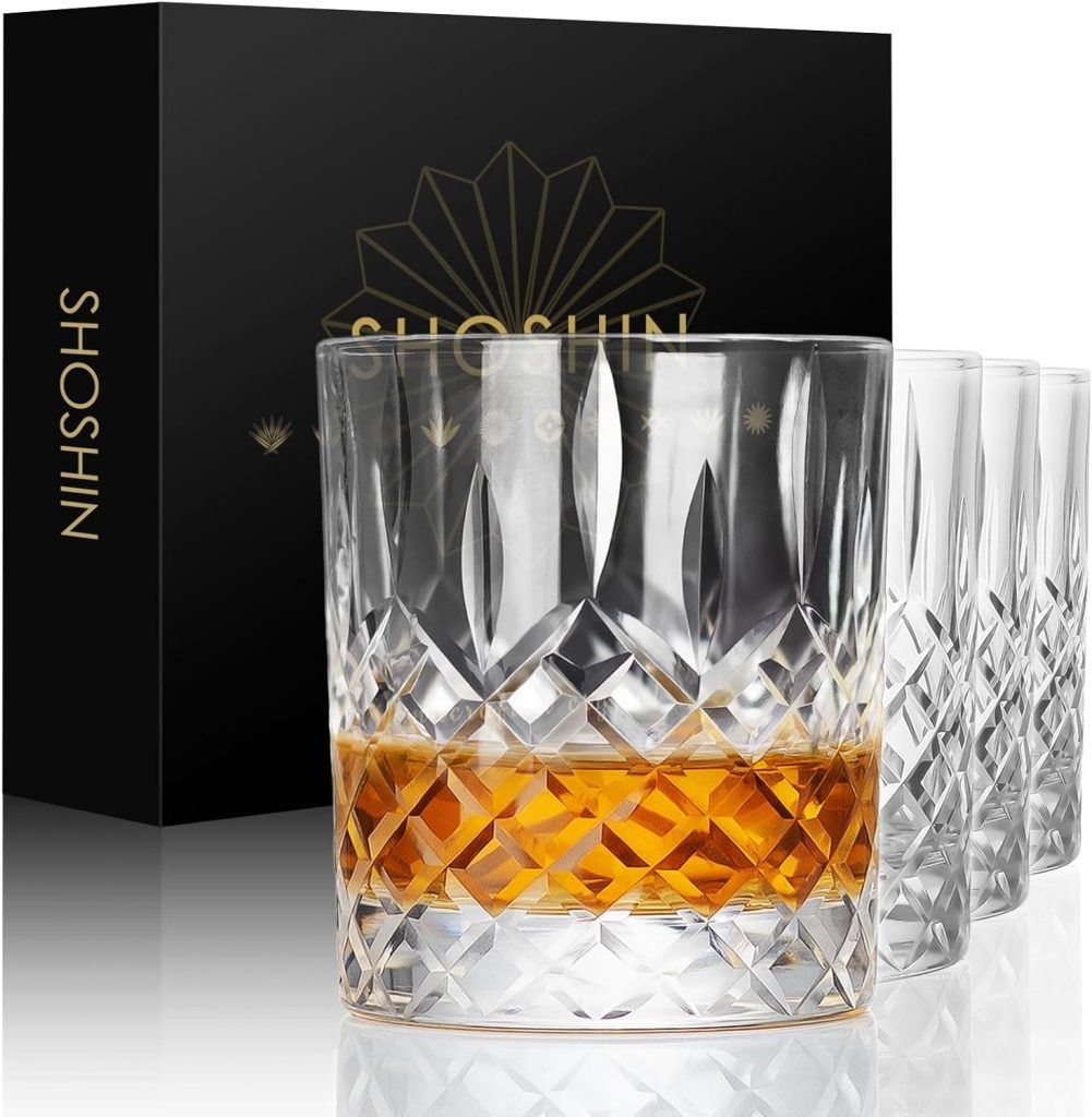 SHOSHIN Premium Hand Cut Whiskey Glasses (13 OZ, Set of 4) - Handmade Double Old Fashioned Scotch Glasses - Gift for Bourbon Lovers - Style Glassware for Rum - 4 Rocks glasses in Gift Box SHOSHIN Premium Hand Cut Whiskey Glasses (13 OZ, Set of 4) - Handmade Double Old Fashioned Scotch Glasses - Gift for Bourbon Lovers - Style Glassware for Rum - 4 Rocks glasses in Gift Box