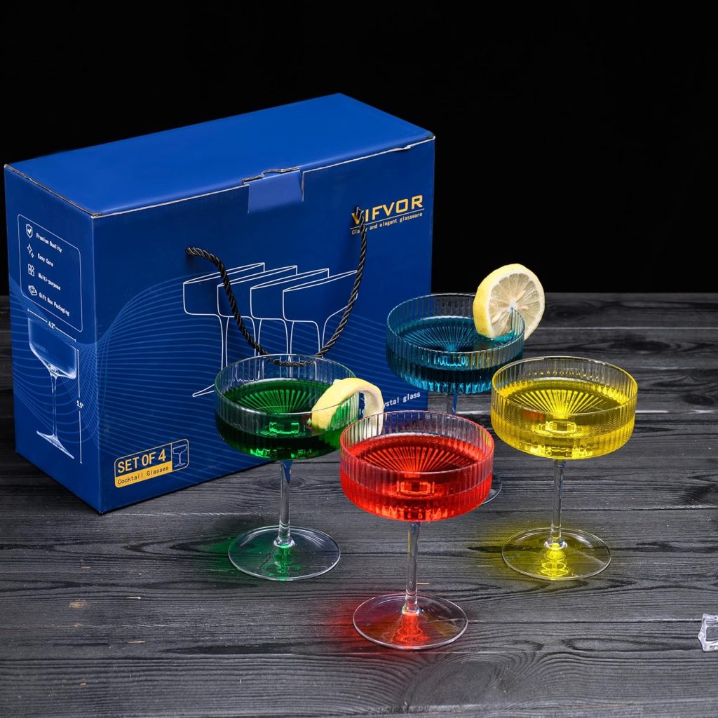 VIFVOR Martini Glass Set of 4, Ribbed Coupe Cocktail Glasses 10 oz Classic Old Styling Martini Glass Set with Gift Box Packaging Elegant Hand Blown Manhattan Goblet for Cocktail, Champagne VIFVOR Martini Glass Set of 4, Ribbed Coupe Cocktail Glasses 10 oz Classic Old Styling Martini Glass Set with Gift Box Packaging Elegant Hand Blown Manhattan Goblet for Cocktail, Champagne