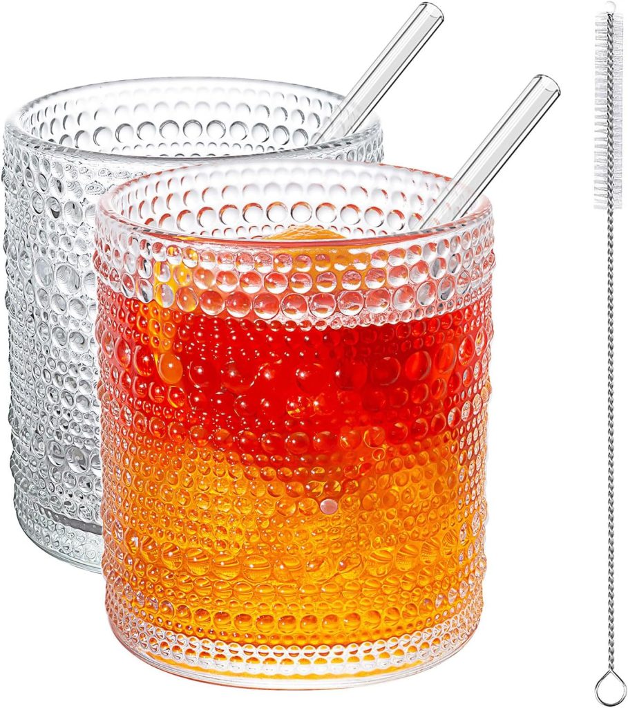 Vintage Drinking Glasses, 13 oz Hobnail Drinking Glasses Set of 2, Includes 2 Glass Straws, Ribbed Glassware, Hobnail Glassware, Whiskey Glasses, Cocktail Glasses, Romantic Highball Glasses Vintage Drinking Glasses, 13 oz Hobnail Drinking Glasses Set of 2, Includes 2 Glass Straws, Ribbed Glassware, Hobnail Glassware, Whiskey Glasses, Cocktail Glasses, Romantic Highball Glasses