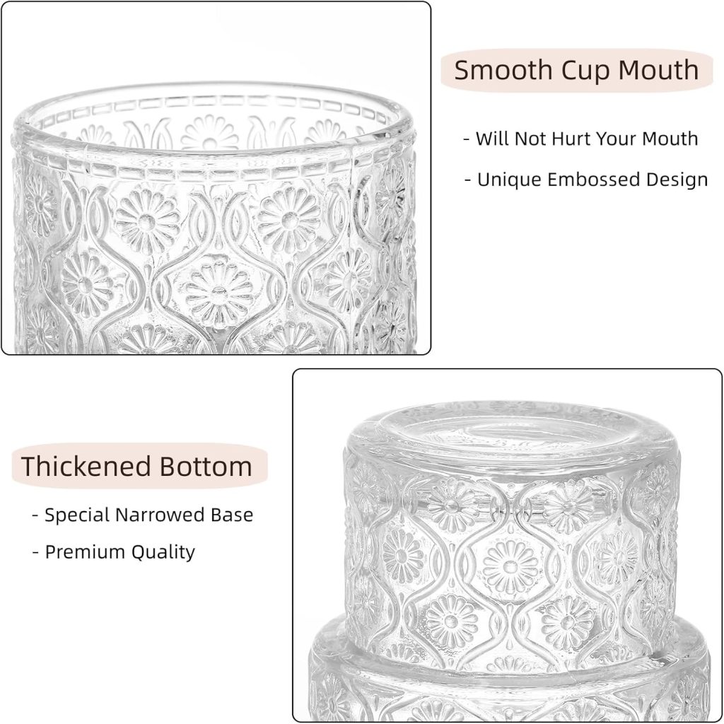 AVLA 8 Pack Vintage Drinking Glassware, 7 oz Romantic Water Juice Glass Tumbler Cup, Clear Stackable Coffee Cocktail Bar Drinkware for Beverages, Tea, Milk, Yogurt, Whiskey, Embossed Floral Pattern AVLA 8 Pack Vintage Drinking Glassware, 7 oz Romantic Water Juice Glass Tumbler Cup, Clear Stackable Coffee Cocktail Bar Drinkware for Beverages, Tea, Milk, Yogurt, Whiskey, Embossed Floral Pattern