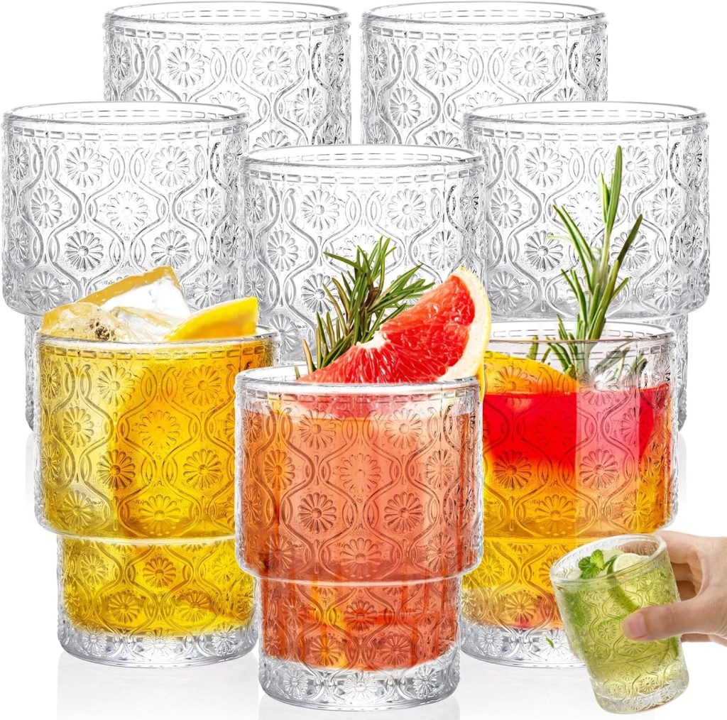 AVLA 8 Pack Vintage Drinking Glassware, 7 oz Romantic Water Juice Glass Tumbler Cup, Clear Stackable Coffee Cocktail Bar Drinkware for Beverages, Tea, Milk, Yogurt, Whiskey, Embossed Floral Pattern AVLA 8 Pack Vintage Drinking Glassware, 7 oz Romantic Water Juice Glass Tumbler Cup, Clear Stackable Coffee Cocktail Bar Drinkware for Beverages, Tea, Milk, Yogurt, Whiskey, Embossed Floral Pattern