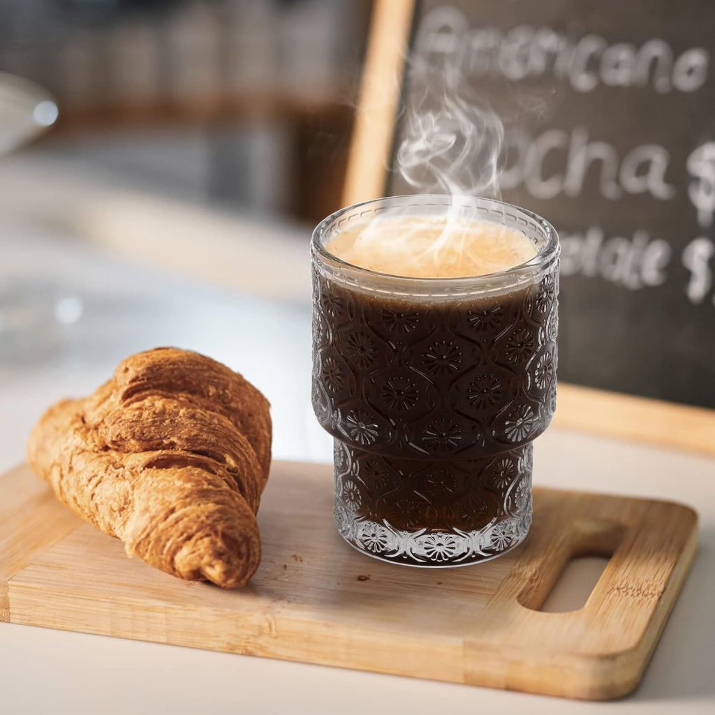 AVLA 8 Pack Vintage Drinking Glassware, 7 oz Romantic Water Juice Glass Tumbler Cup, Clear Stackable Coffee Cocktail Bar Drinkware for Beverages, Tea, Milk, Yogurt, Whiskey, Embossed Floral Pattern AVLA 8 Pack Vintage Drinking Glassware, 7 oz Romantic Water Juice Glass Tumbler Cup, Clear Stackable Coffee Cocktail Bar Drinkware for Beverages, Tea, Milk, Yogurt, Whiskey, Embossed Floral Pattern