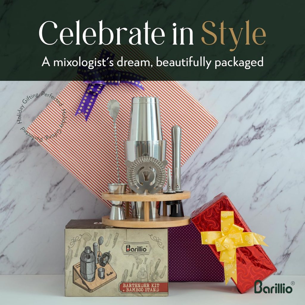 Barillio Elite Mixology Bartender Kit with Stand - Cocktail Shaker Set with Bamboo Stand, Boston Drink Shaker, Mojito Muddler, and Drink Mixer Spoon - 9-Piece Bar Tools Set - Bar Accessories for Home Barillio Elite Mixology Bartender Kit with Stand - Cocktail Shaker Set with Bamboo Stand, Boston Drink Shaker, Mojito Muddler, and Drink Mixer Spoon - 9-Piece Bar Tools Set - Bar Accessories for Home