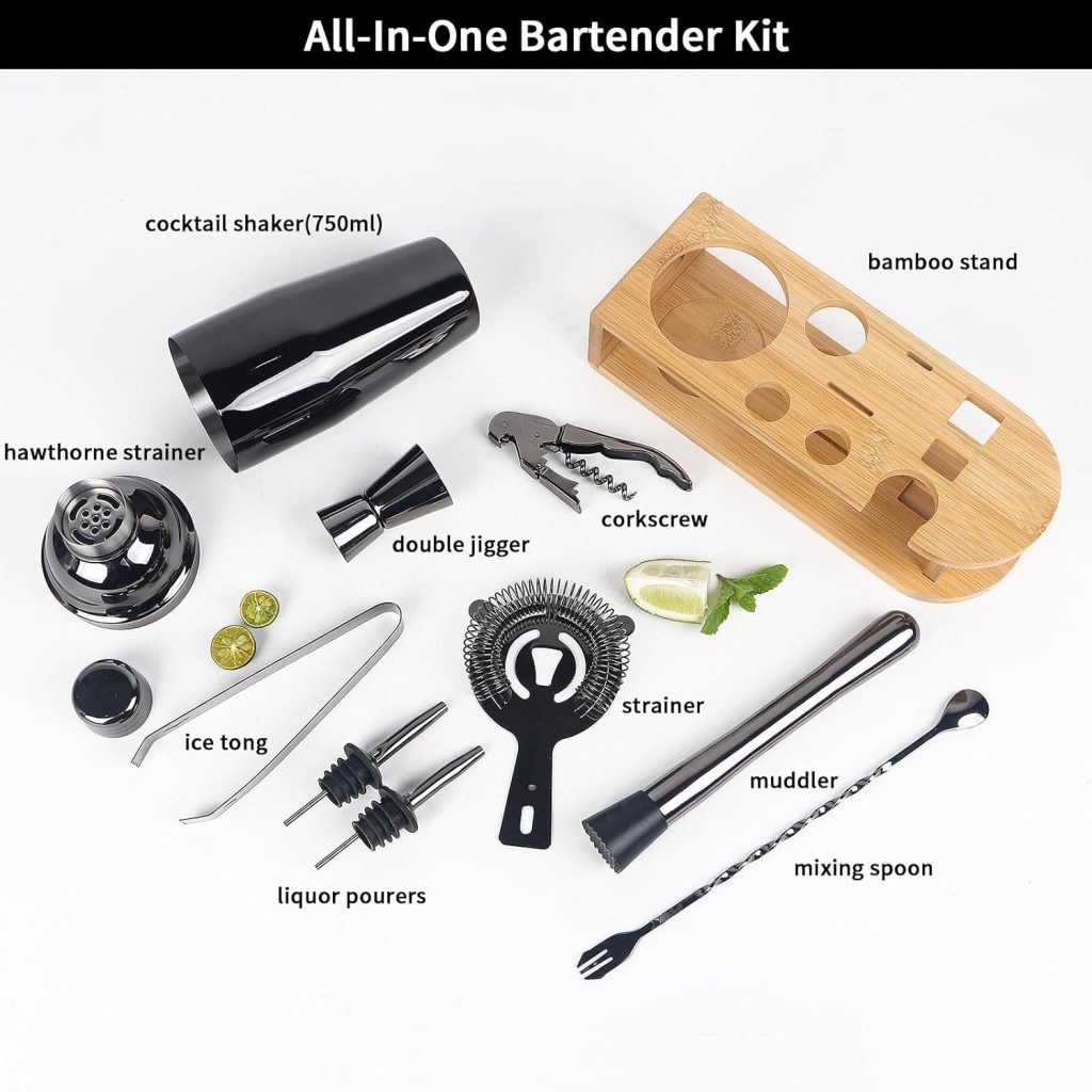 Cocktail Shaker Set, 10-Pieces Bartender Kit with Bamboo Stand, Professional Bar Drink Tool Set with All Essential Accessories for Mixing Drink, Gift for MenDad(Black) Cocktail Shaker Set, 10-Pieces Bartender Kit with Bamboo Stand, Professional Bar Drink Tool Set with All Essential Accessories for Mixing Drink, Gift for MenDad(Black)