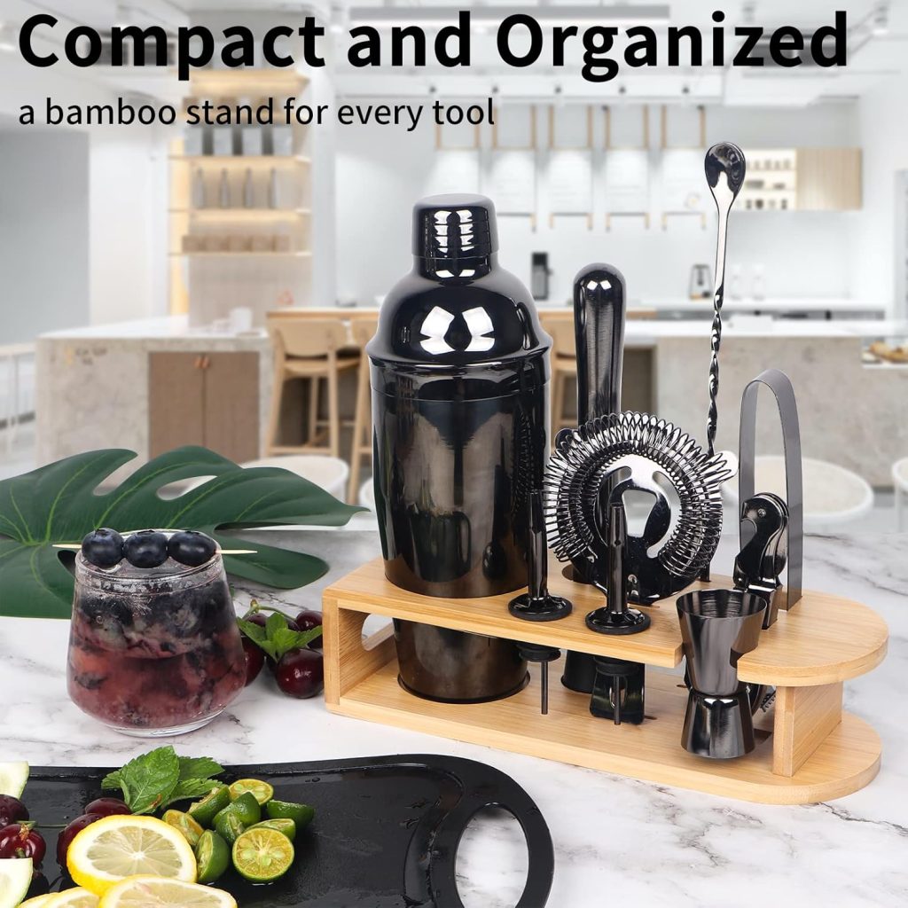 Cocktail Shaker Set, 10-Pieces Bartender Kit with Bamboo Stand, Professional Bar Drink Tool Set with All Essential Accessories for Mixing Drink, Gift for MenDad(Black) Cocktail Shaker Set, 10-Pieces Bartender Kit with Bamboo Stand, Professional Bar Drink Tool Set with All Essential Accessories for Mixing Drink, Gift for MenDad(Black)