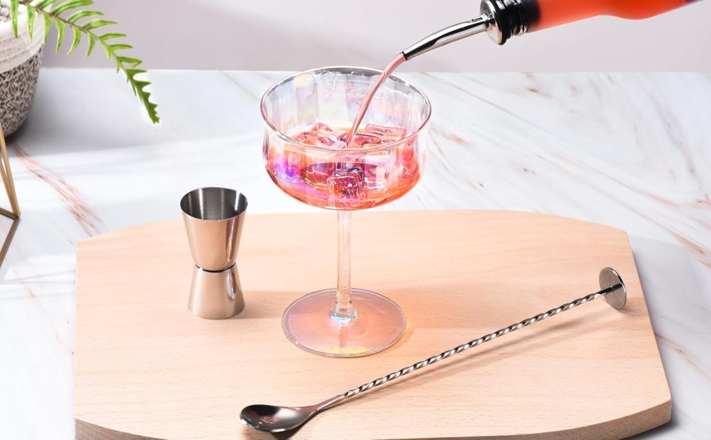 ROXBURGH Iridescent Vintage Coupe Glasses Set of 4 with Bar Spoon and Jigger, 10oz Crystal Ribbed Wine Cocktail Champagne Coupe Glasses, Christmas, Wedding Anniversary ROXBURGH Iridescent Vintage Coupe Glasses Set of 4 with Bar Spoon and Jigger, 10oz Crystal Ribbed Wine Cocktail Champagne Coupe Glasses, Christmas, Wedding Anniversary