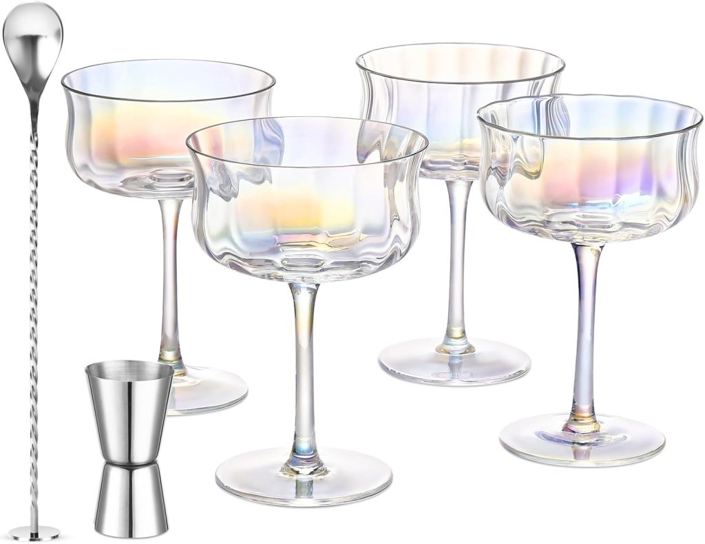 ROXBURGH Iridescent Vintage Coupe Glasses Set of 4 with Bar Spoon and Jigger, 10oz Crystal Ribbed Wine Cocktail Champagne Coupe Glasses, Christmas, Wedding Anniversary ROXBURGH Iridescent Vintage Coupe Glasses Set of 4 with Bar Spoon and Jigger, 10oz Crystal Ribbed Wine Cocktail Champagne Coupe Glasses, Christmas, Wedding Anniversary