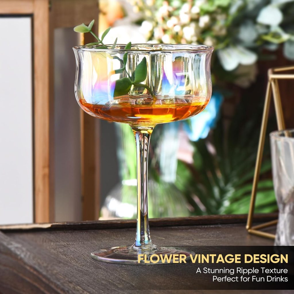 ROXBURGH Iridescent Vintage Coupe Glasses Set of 4 with Bar Spoon and Jigger, 10oz Crystal Ribbed Wine Cocktail Champagne Coupe Glasses, Christmas, Wedding Anniversary ROXBURGH Iridescent Vintage Coupe Glasses Set of 4 with Bar Spoon and Jigger, 10oz Crystal Ribbed Wine Cocktail Champagne Coupe Glasses, Christmas, Wedding Anniversary