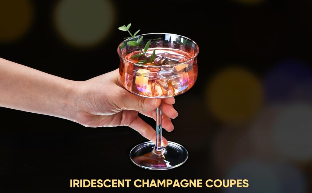 ROXBURGH Iridescent Vintage Coupe Glasses Set of 4 with Bar Spoon and Jigger, 10oz Crystal Ribbed Wine Cocktail Champagne Coupe Glasses, Christmas, Wedding Anniversary ROXBURGH Iridescent Vintage Coupe Glasses Set of 4 with Bar Spoon and Jigger, 10oz Crystal Ribbed Wine Cocktail Champagne Coupe Glasses, Christmas, Wedding Anniversary