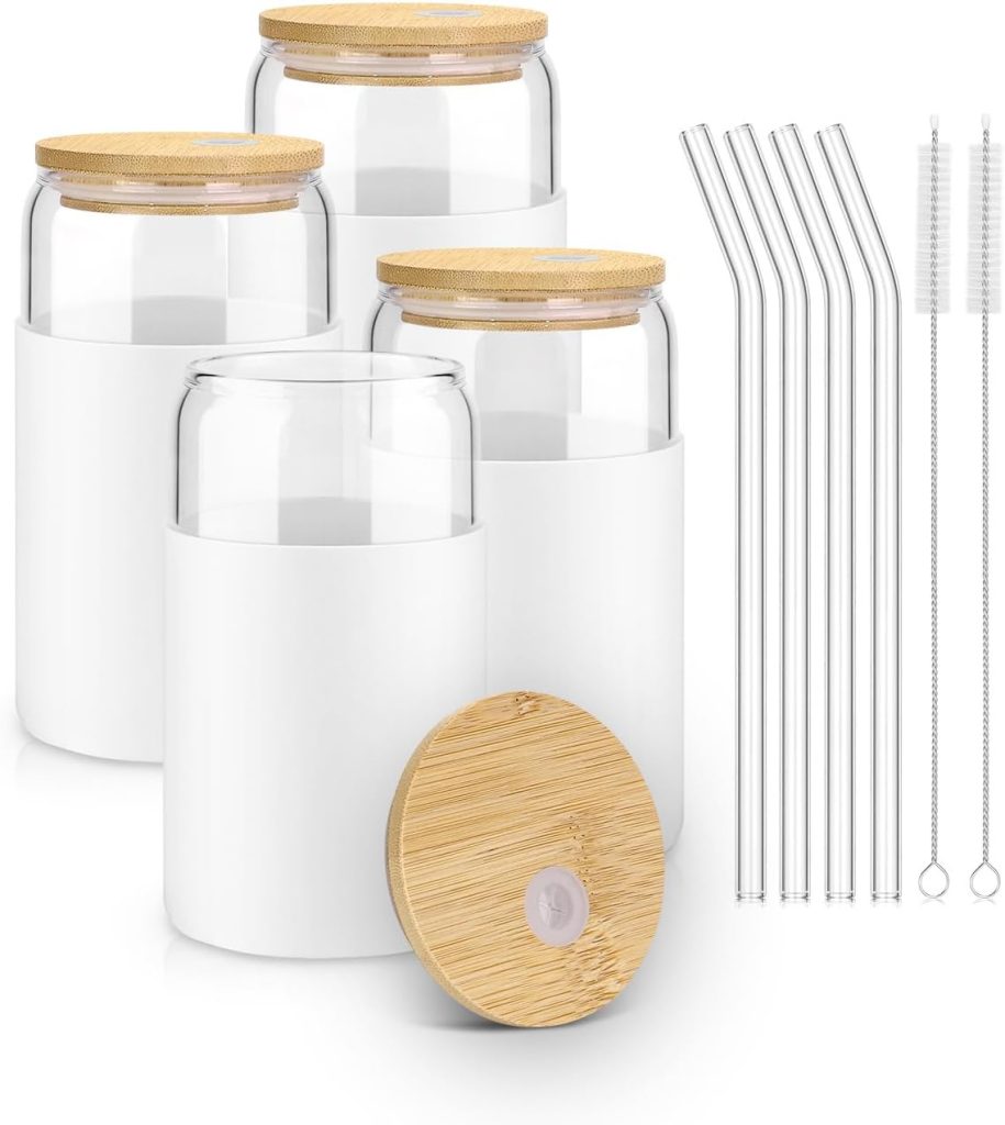 sungwoo 4PCS Glass Cups with Bamboo Lids and Straws, 16OZ Ice Coffee Cup, Drinking Cup set with Wooden Lids, Home Essential Glass Tumblers for Beer, Cocktail, Tea and Latte Clear sungwoo 4PCS Glass Cups with Bamboo Lids and Straws, 16OZ Ice Coffee Cup, Drinking Cup set with Wooden Lids, Home Essential Glass Tumblers for Beer, Cocktail, Tea and Latte Clear