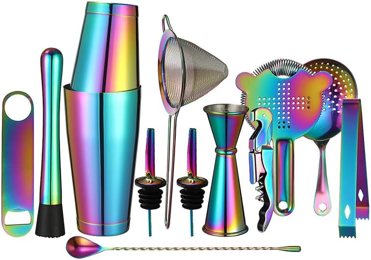 Cocktail Shaker Set - 13-Piece Bar Accessories Kit w/Weighted Boston Shaker, Strainer, Jigger, Muddler,Mixing Spoon and More - Home Bartending Tools, Accessories for Bartender, Rainbow Cocktail Shaker Set - 13-Piece Bar Accessories Kit w/Weighted Boston Shaker, Strainer, Jigger, Muddler,Mixing Spoon and More - Home Bartending Tools, Accessories for Bartender, Rainbow