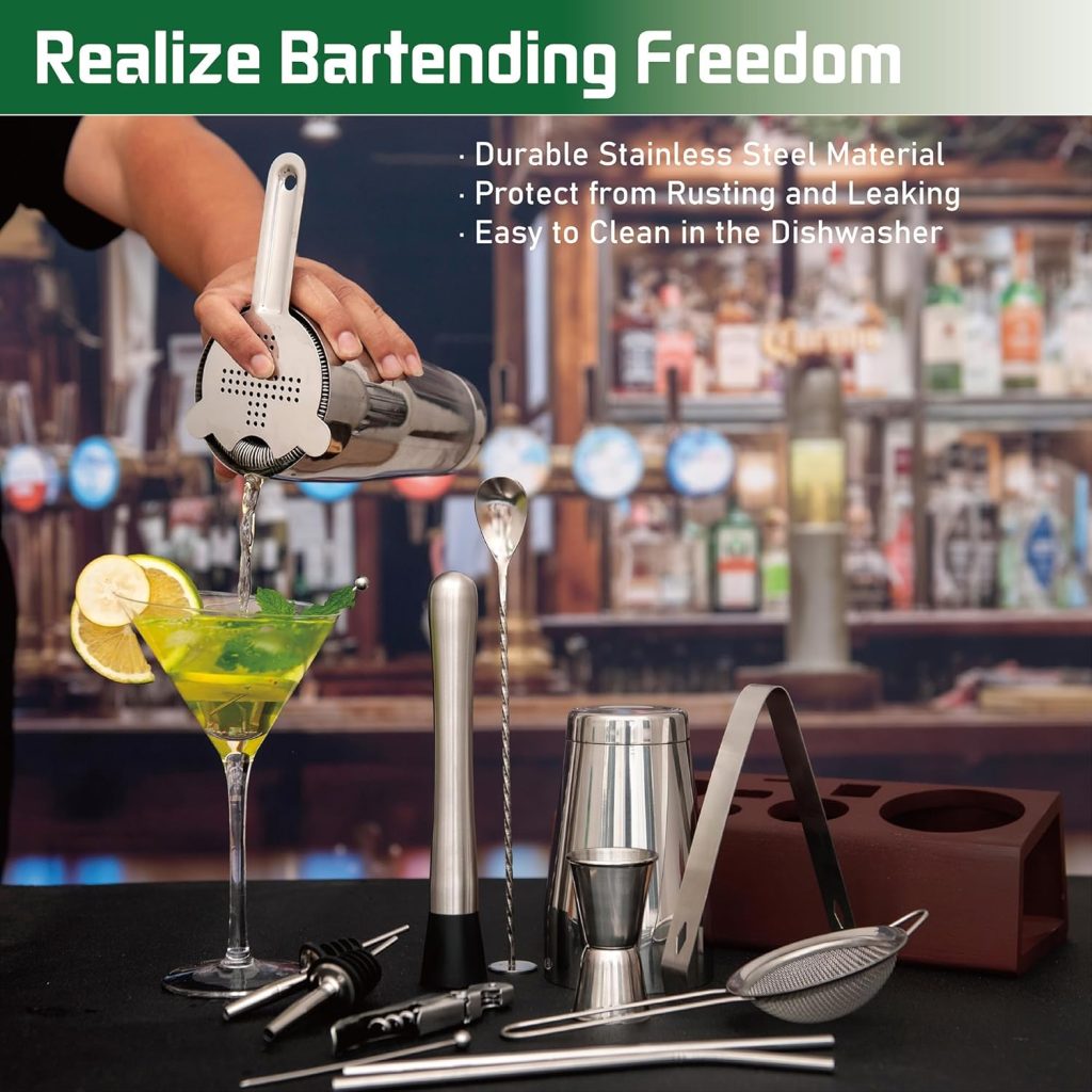 Cocktail Shaker Set Bartender Kit with Bamboo Stand, 15-Piece Stainless Steel Bar Set Accessories, Professional Bartending Kit Home Bar Tools Set with Recipes (Silver, Brown Stand) Cocktail Shaker Set Bartender Kit with Bamboo Stand, 15-Piece Stainless Steel Bar Set Accessories, Professional Bartending Kit Home Bar Tools Set with Recipes (Silver, Brown Stand)