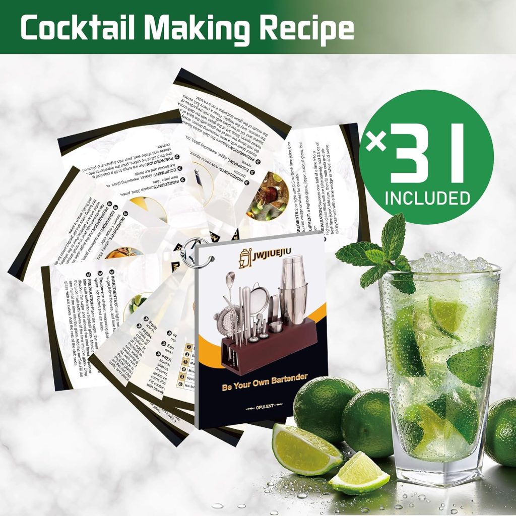 Cocktail Shaker Set Bartender Kit with Bamboo Stand, 15-Piece Stainless Steel Bar Set Accessories, Professional Bartending Kit Home Bar Tools Set with Recipes (Silver, Brown Stand) Cocktail Shaker Set Bartender Kit with Bamboo Stand, 15-Piece Stainless Steel Bar Set Accessories, Professional Bartending Kit Home Bar Tools Set with Recipes (Silver, Brown Stand)