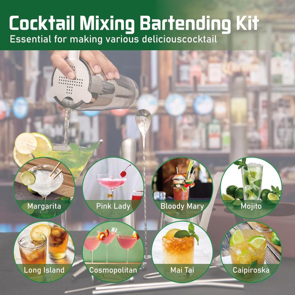 Cocktail Shaker Set Bartender Kit with Bamboo Stand, 15-Piece Stainless Steel Bar Set Accessories, Professional Bartending Kit Home Bar Tools Set with Recipes (Silver, Brown Stand) Cocktail Shaker Set Bartender Kit with Bamboo Stand, 15-Piece Stainless Steel Bar Set Accessories, Professional Bartending Kit Home Bar Tools Set with Recipes (Silver, Brown Stand)