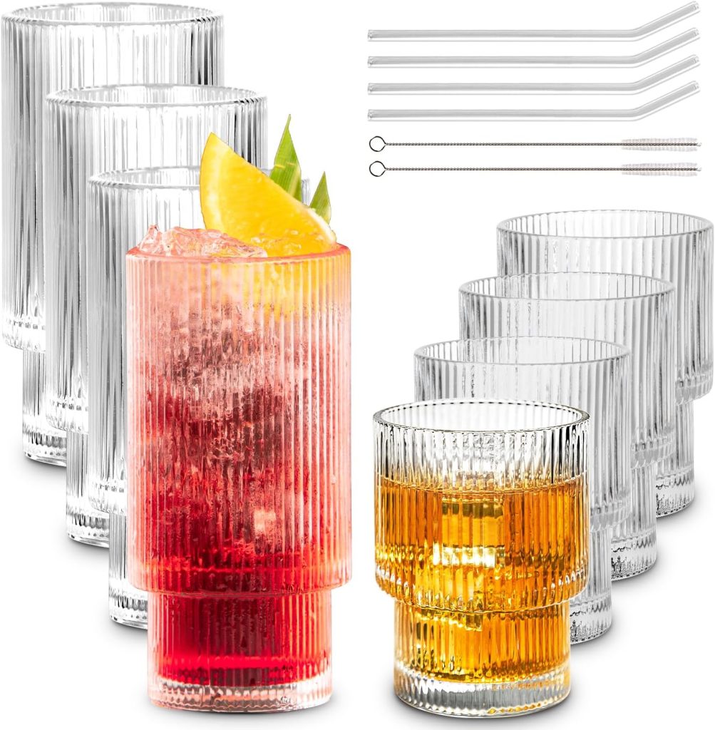 Combler Water Glasses Drinking Set of 8, 4pcs 11oz Glass Cups with Straws 4pcs 6oz Cocktail Glasses, Cute Small Cups, Ribbed Glassware Sets for Wine Iced Coffee, Kitchen Housewarming Gifts Combler Water Glasses Drinking Set of 8, 4pcs 11oz Glass Cups with Straws 4pcs 6oz Cocktail Glasses, Cute Small Cups, Ribbed Glassware Sets for Wine Iced Coffee, Kitchen Housewarming Gifts