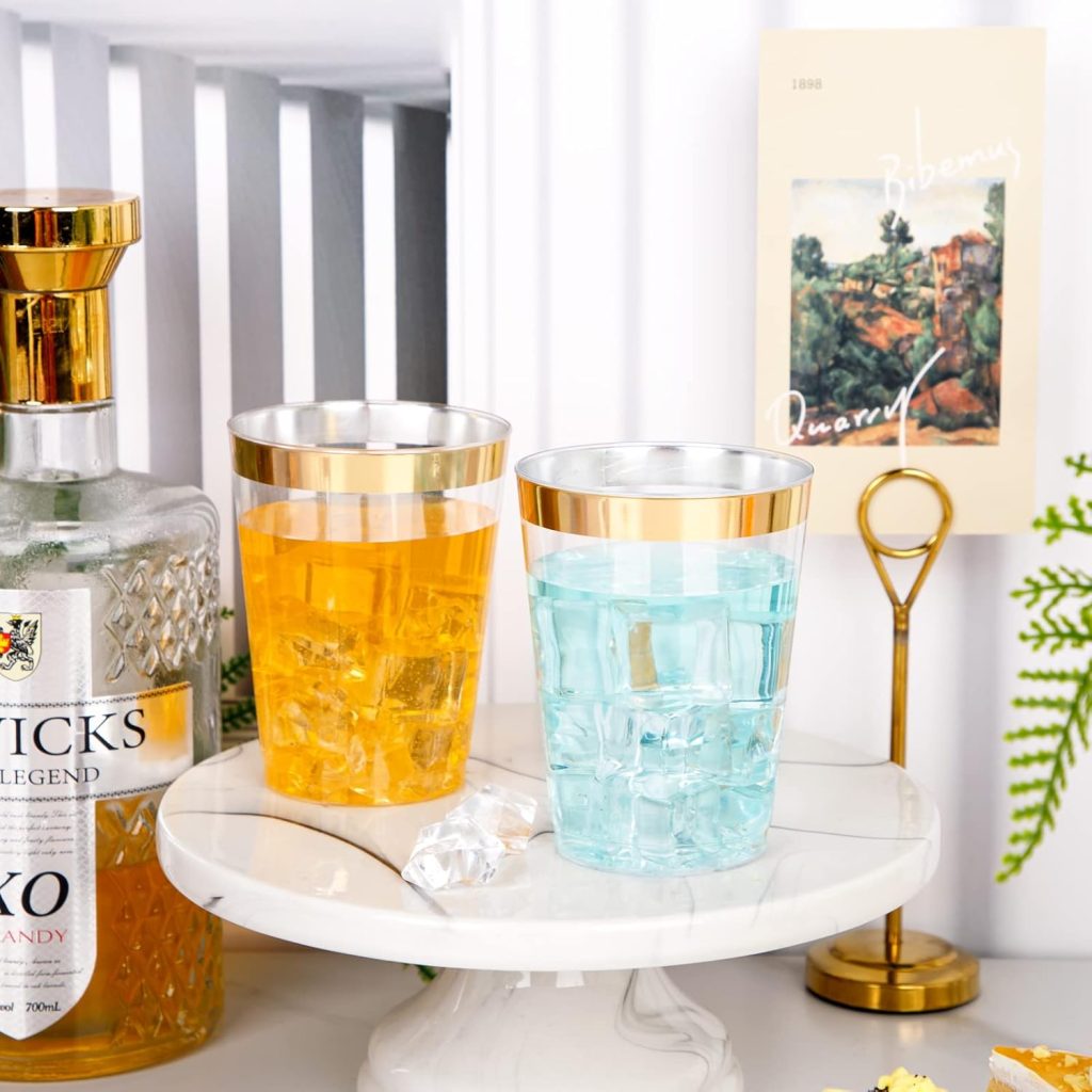 I00000 200 Pack Gold Plastic Cups, 10 oz Clear Plastic Cups Gold Rimmed Disposable Wine Glasses Fancy Disposable Party Cups Wedding Cup Drinking Tumblers Cocktail Glasses with Gold Rim I00000 200 Pack Gold Plastic Cups, 10 oz Clear Plastic Cups Gold Rimmed Disposable Wine Glasses Fancy Disposable Party Cups Wedding Cup Drinking Tumblers Cocktail Glasses with Gold Rim